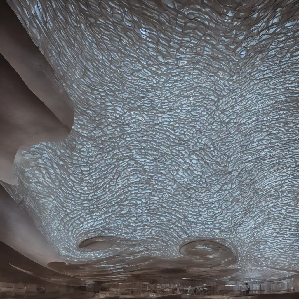 Image similar to extremely detailed stunning beautiful futuristic smooth curvilinear museum interior, translucent gills, contrast, hyper real, high quality, 8k, 3D cinematic volumetric light, atmospheric light