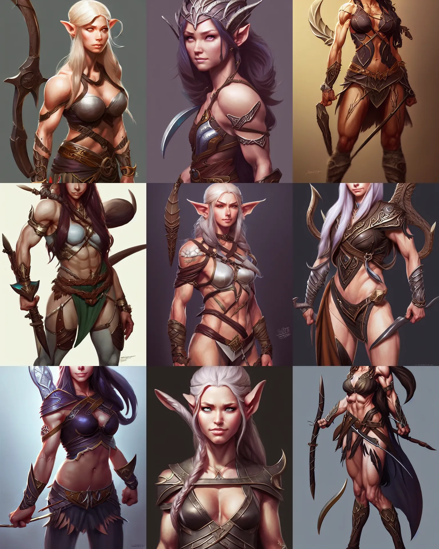 Prompt: character concept art of a muscular elvish huntress | | cute pretty face, realistic shaded perfect face, fine details by antilous chao, stanley artgerm lau, wlop, rossdraws, marc simonetti, and sakimichan, tranding on artstation