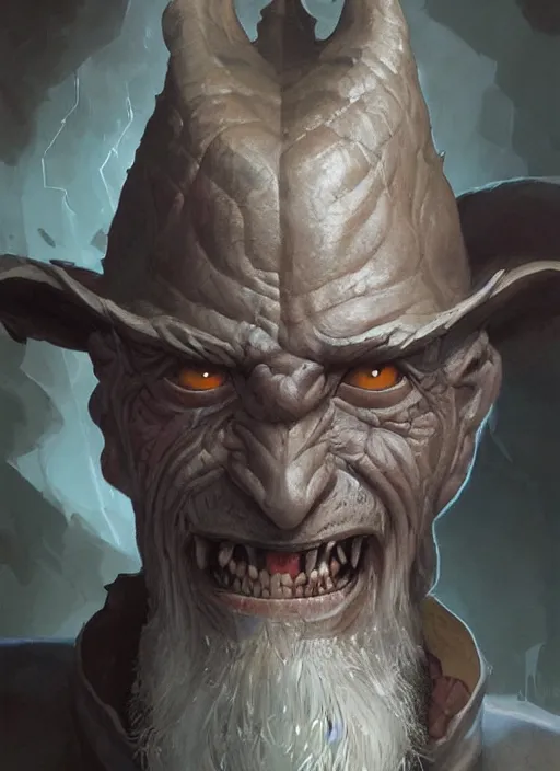 Image similar to portrait of grey goblin priest by artgerm and Craig Mullins, James Jean, Andrey Ryabovichev, Mark Simonetti and Peter Morbacher 16k