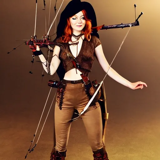 Prompt: full body photo of emma stone as a steampunk archer