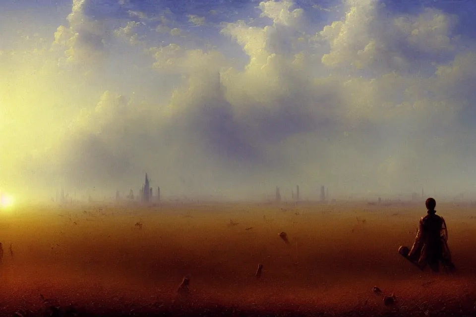 Prompt: sci-fi painting of a very large alien city, many skyscraper, on the vast wheat fields, only one kid on the ground nearby the camera, by Ivan Aivazovsky, godrays, detailed