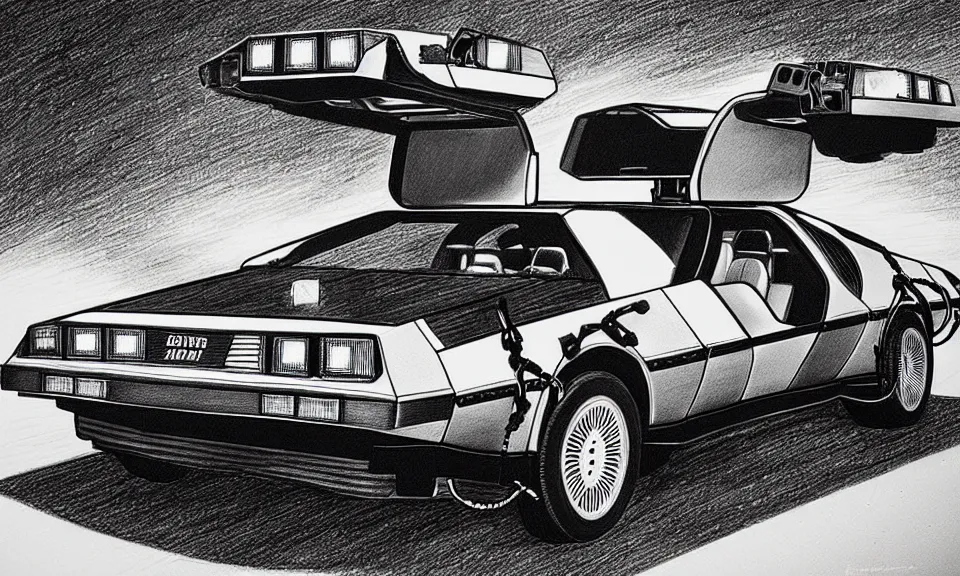 Image similar to a highly detailed drawing of the delorean from back to the future, technical drawing, black and white