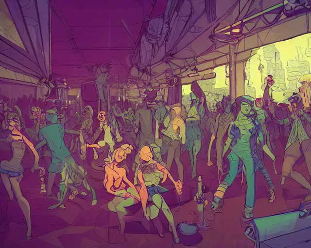 Prompt: a study of cell shaded cartoon of elves raving in a nightclub, illustration, wide shot, subtle colors, post grunge, concept art by josan gonzales and wlop, by james jean, Victo ngai, David Rubín, Mike Mignola, Laurie Greasley, highly detailed, sharp focus, alien, Trending on Artstation, HQ, deviantart, art by artgem