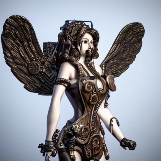 Image similar to steampunk angel, 8 k, shallow depth of field, 8 k, ultra high detail, concept art,