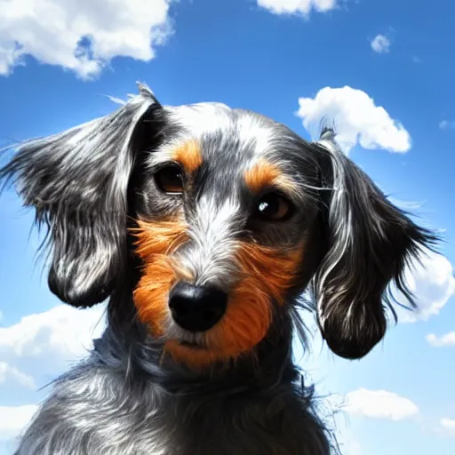 Prompt: photo of an elderly light gray overweight wire-haired dachshund with long hair floating in heaven, blue sky, white clouds