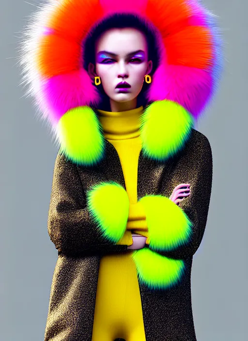 Prompt: coat for a rave With fur, hairstyle, earrings, bright soft colors, soft yellow background, many details, prints, photo for a magazine, photo for a store, fashion photography, Vogue, 135 mm, cinematic, hyper realism, high detail, octane render, 8k, chrome accents, very coherent symmetrical artwork, perfect face model, Soft light, Reduced contrast