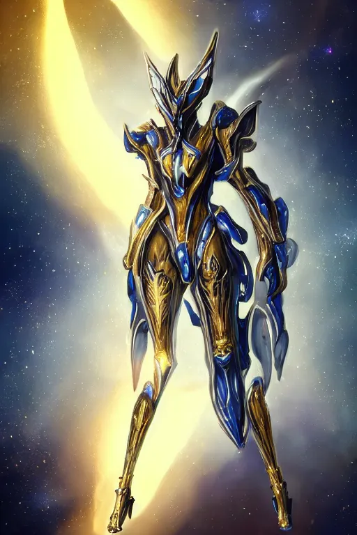 Image similar to intricate high detailed elegant beautiful stunning quality cosmic huge giantess hot female warframe anthro mecha female dragon goddess, gold body, sleek metal ears, sleek eyes, smooth blue skin, sleek gold armor, bigger than galaxy, epic proportions, epic scale, epic size, warframe destiny art, furry, dragon art, goddess, giantess, furaffinity, octane