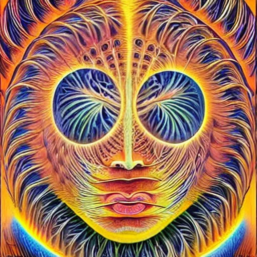 Image similar to Alex Grey painting of someone putting on a contact lens, repeating patterns