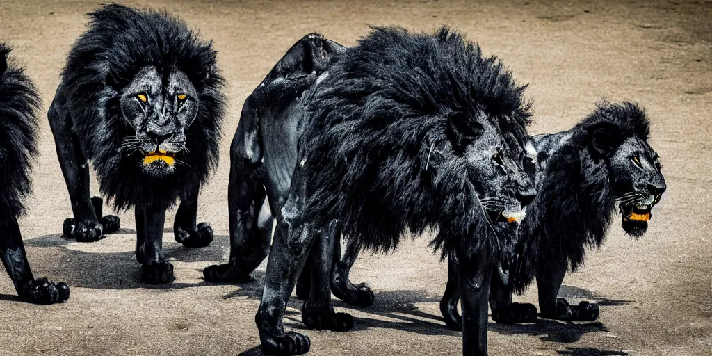 Image similar to the pack of smooth black lions, made of smooth black goo, in the zoo exhibit, viscous, sticky, full of black goo, covered with black goo, splattered black goo, dripping black goo, dripping goo, splattered goo, sticky black goo. photography, dslr, reflections, black goo, zoo, exhibit