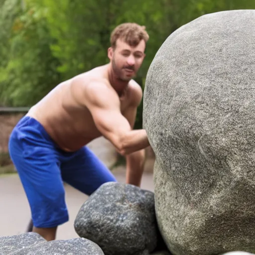 Prompt: a man pushing a boulder with his chest