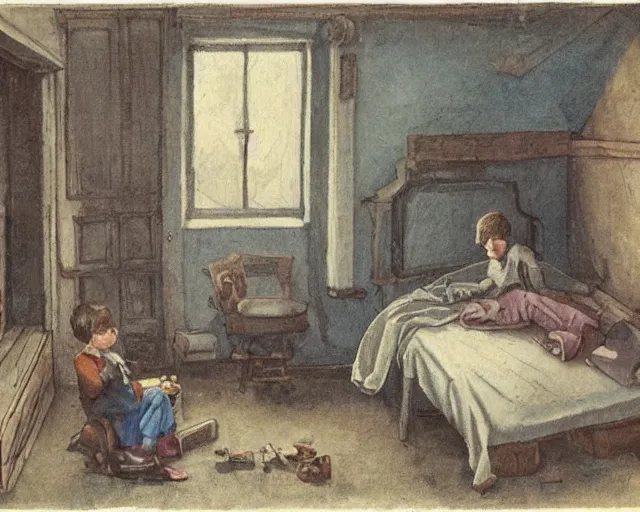 Image similar to shabby! room, isometric view, with window on the right wall, with bed at the left wall, with cute boy with long dark - brown! hair and dark - brown eyes, the boy is sitting on the bed, the boy is holding kumys, highly detailed painting