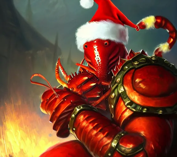 Prompt: magic : the gathering fantasy character concept art of anthropomorphic lobster wearing a christmas hat, by franz frazetta and marco bucci, high resolution. a clear portrait of powerful lobster impersonating santa, magical christmas wonderland in background, fantasy coloring, intricate, digital painting, artstation, smooth, sharp focus