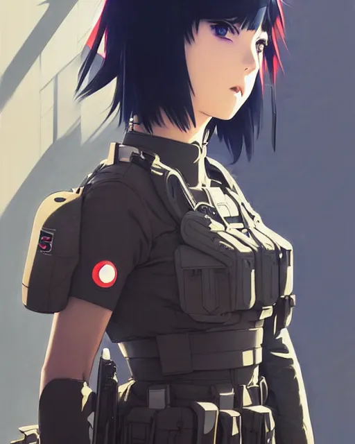 Image similar to soldier in riot gear | very very anime!!!, fine - face, audrey plaza, realistic shaded perfect face, fine details. anime. realistic shaded lighting poster by ilya kuvshinov katsuhiro otomo ghost - in - the - shell, magali villeneuve, artgerm, jeremy lipkin and michael garmash and rob rey