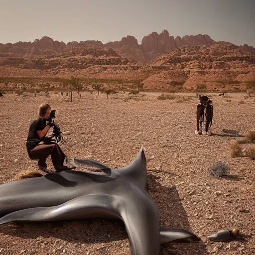 Image similar to 🐋🤖🦖🐉👽🐳 in desert, photography by bussiere rutkowski andreas roch