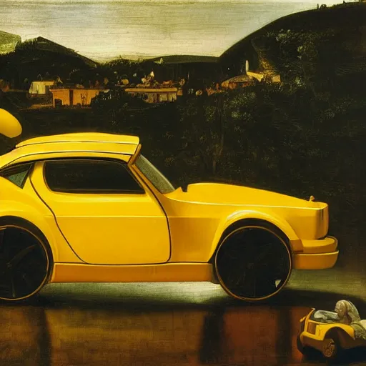 Image similar to Father Christmas driving a yellow sports car Painted by Caravaggio