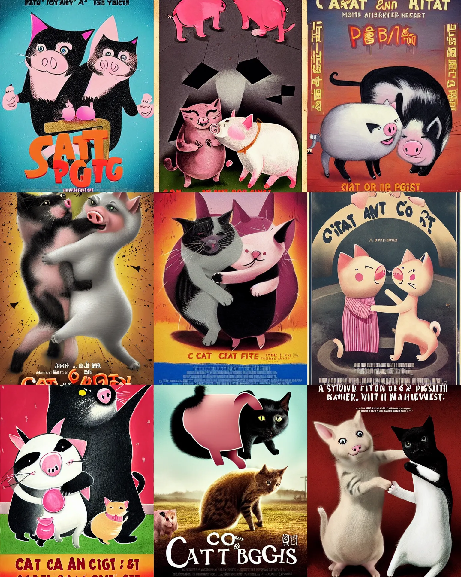 Prompt: cat and pig fight with each other, movie poster, stunning