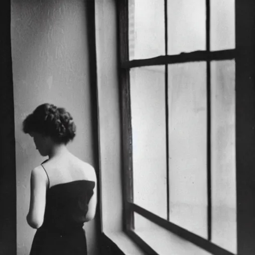 Prompt: beautiful 3 5 mm black and white photo of a woman standing by a window, by maya deren