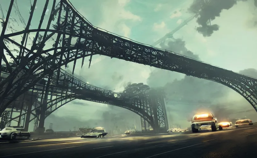 Image similar to explosions in the form of realistic cotton plants cover harbour bridge, smooth, sharp focus, highly detailed, 3 d octane render, epic lighting, dark atmosphere, lots of cotton plants, rusty cars, 8 k, by goro fujita