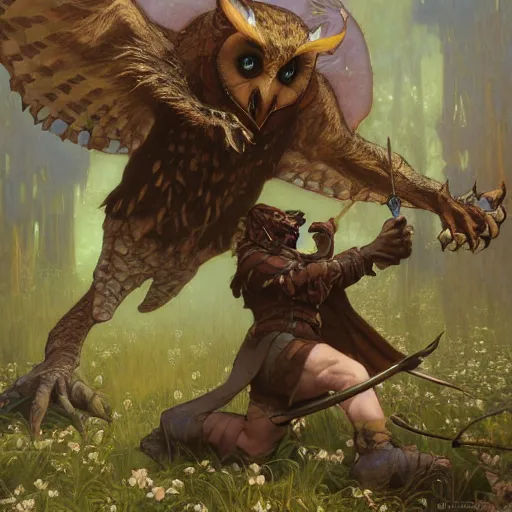 Image similar to Magic The Gathering art action shot of goblin scientist fighting an owl bear, drawn by Donato Giancola and Tom Bagshaw, Edmund Leighton, Alphonse Mucha, 4k, volumetric lighting, komorebi, intense battle scene award winning, octane render, hyperrealistic