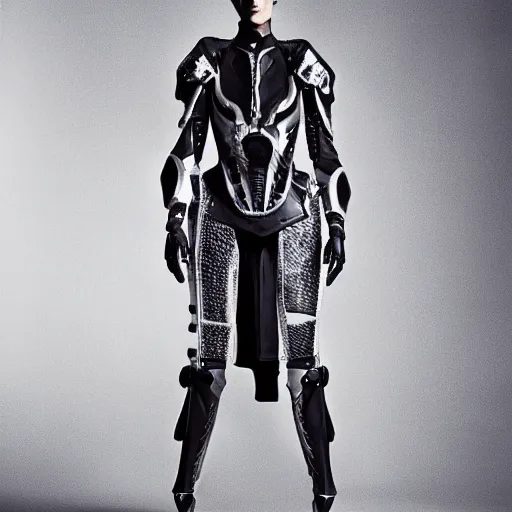 Prompt: Battle armor designed by Zaha Hadid, fashion photography