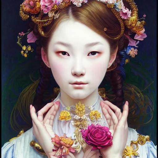 Image similar to a masterpiece ultrarealistic ultradetailed portrait of beautiful love girl maid lady baroque renaissance. medium shot, intricate, elegant, by stanley artgerm lau, wlop, alphonse mucha, rossdraws, andrei riabovitchev, yoshitaka amano. flower background my james jeand and takashi murakami.