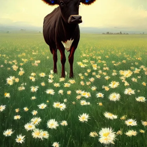 Image similar to Hyper realistic oil painting of a cow standing in the middle of a field of daisies, blue sky, high contrast, by greg rutkowski, trending on artstation