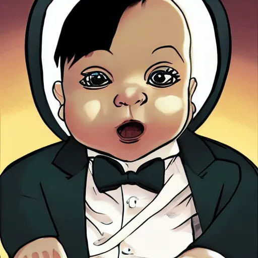 Image similar to portrait of a smug baby in a tuxedo riding in the back of a limo, medium shot, highly coherent, saga comic, fiona staples