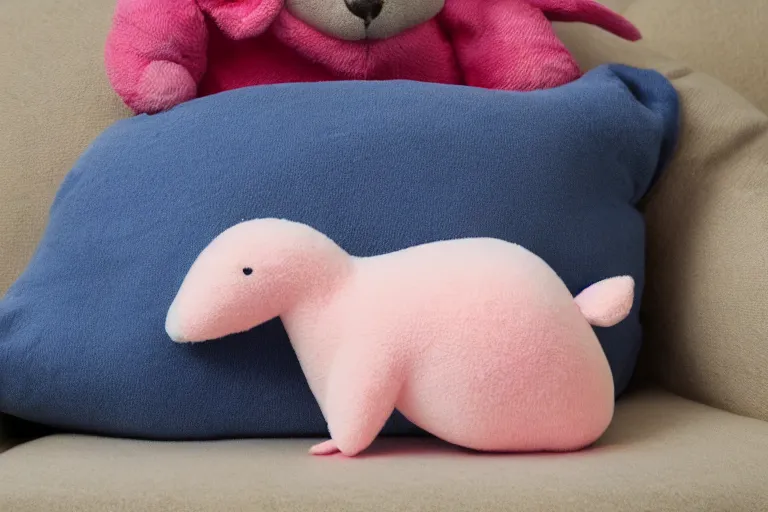 Prompt: a high quality 3 5 mm photo of a pink chubby stuffed animal kangaroo wearing a dark blue shirt, sitting on a couch, an ultrafine detailed photo, trending on artstation, sharp focus, baby toy