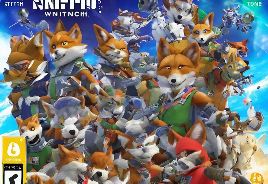 Image similar to nintendo switch box cover of a new starfox spinoff action game featuring anthro fursona furry wolf o'donnell and his space cadet crew, rated t for teen