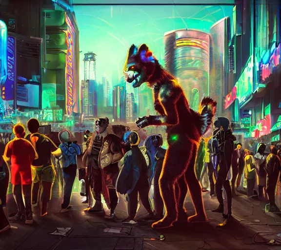 Image similar to high - resolution photograph from a cyberpunk era furry fandom convention ( midwest furfest 2 0 4 7 ), taking place after the genetic revolution and quantum singularity. photorealistic.