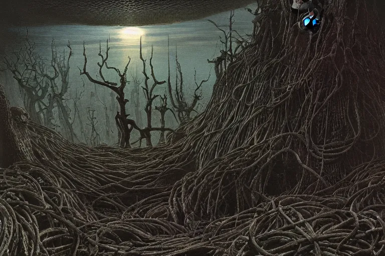 Prompt: intricate, skull atop huge pile of thick cables, interior room, dark, style by caspar david friedrich and wayne barlowe and ted nasmith.