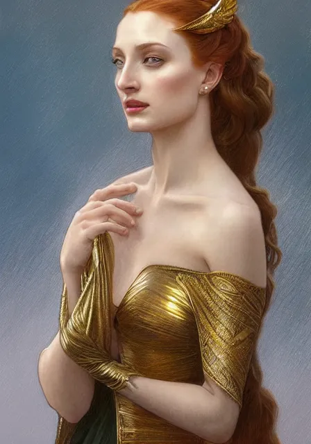 Image similar to sansa angeline jolie gessica chastain in gold, intricate, elegant, highly detailed, digital painting, artstation, concept art, smooth, sharp focus, illustration, art by artgerm and greg rutkowski and alphonse mucha and william - adolphe bouguereau
