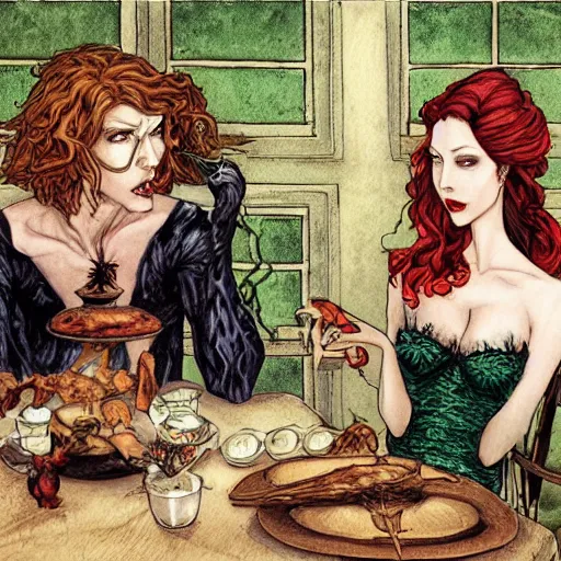 Image similar to a beautiful picture of doctor poison ivy professor of botany and doctor liliana vess professor of demonology having lunch, academic clothing, dark eyeliner, intricate, elegant, highly detailed, digital painting, artstation, concept art, matte, sharp focus, illustration, art by rebecca guay and by jacque louis david, in the style of magic the gathering