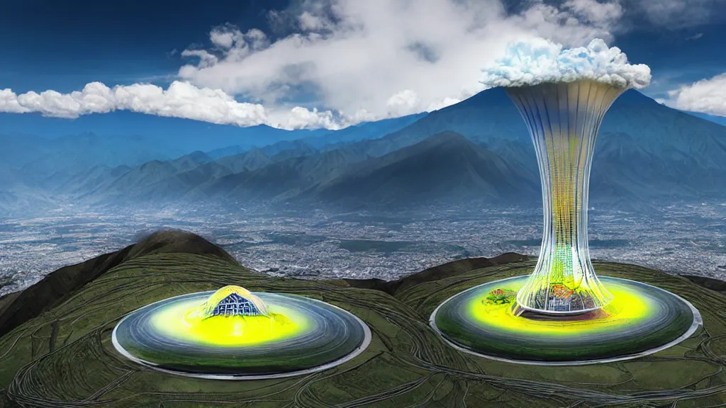 Image similar to Epic Giant Nuclear Reactor over the mountain valley of Quito, Ecuador; by Oswaldo Moncayo and Vincent Callebaut; Art Direction by James Cameron;