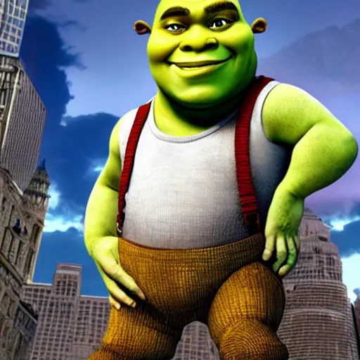 Image similar to shrek in a business suit on wallstreet