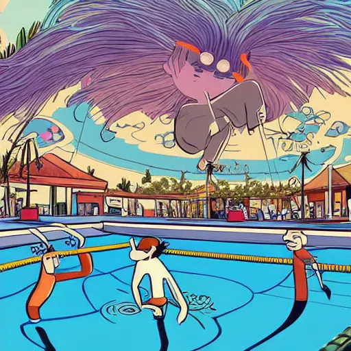 Prompt: colorful digital art, sony animation, mcbess illustration, a portal to another world, opened in the middle of a swimming pool