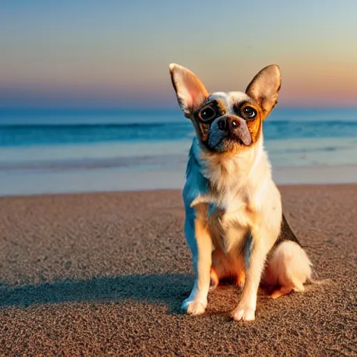 Image similar to a small dog sitting on top of a sandy beach, a picture by wes anderson, shutterstock contest winner, dau - al - set, sense of awe, angelic photograph, majestic