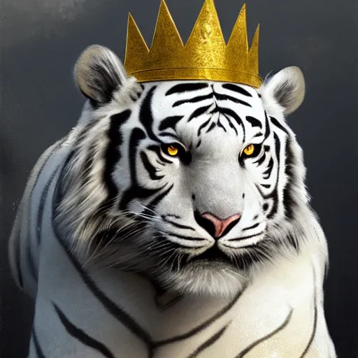 Image similar to artwork of a white tiger king with gold crown, concept art, super detailed, 4 k hd, trending on artstation, digital painted, low contrast, made by greg rutkowski and viktoria gavrilenko