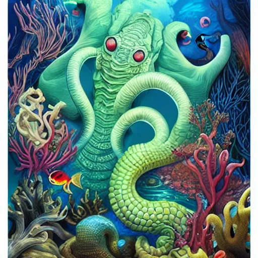 Image similar to underwater naga lovecraft lovecraftian portrait with sea creatures, Pixar style, by Tristan Eaton Stanley Artgerm and Tom Bagshaw.