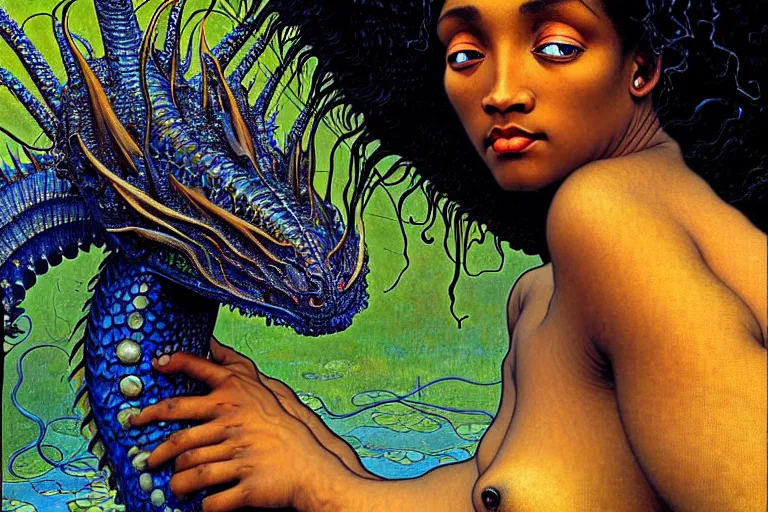 Image similar to realistic extremely detailed closeup portrait painting of a beautiful black woman, mutant dragon and a single old house on background by Jean Delville, Amano, Yves Tanguy, Ilya Repin, Alphonse Mucha, Ernst Haeckel, Edward Robert Hughes, Roger Dean, rich moody colours