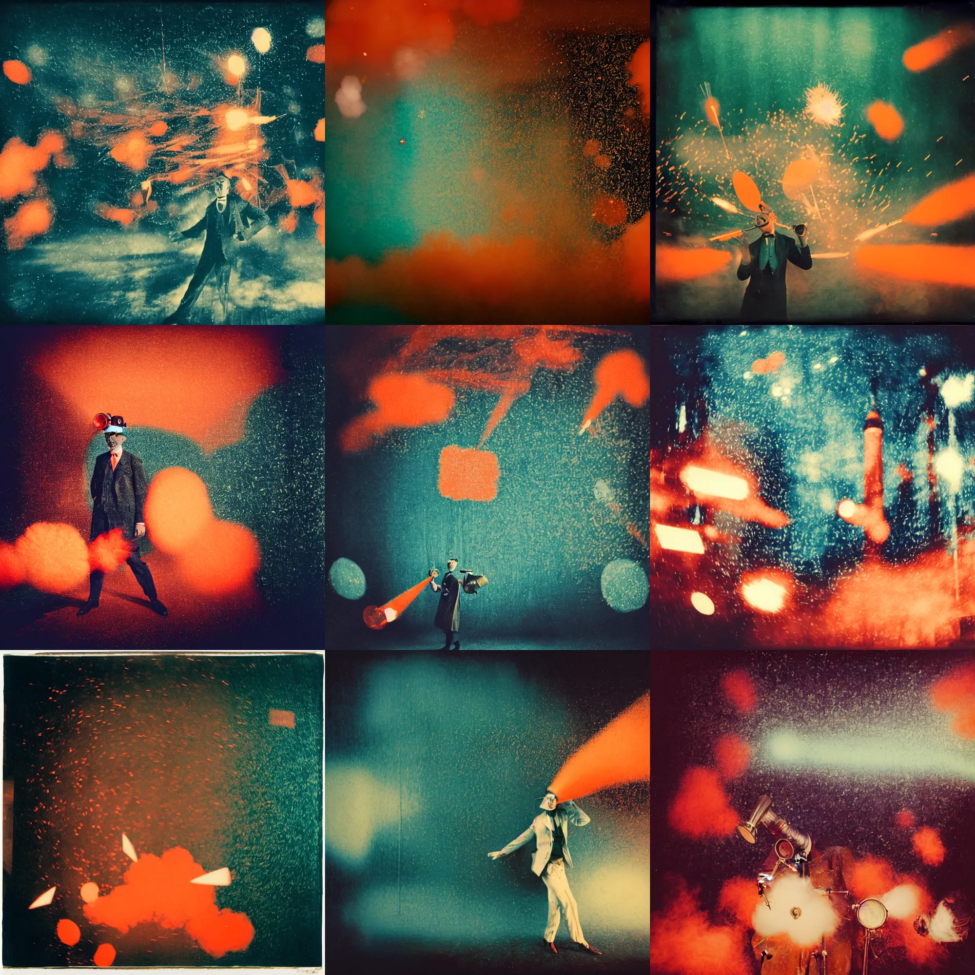 Prompt: kodak portra 4 0 0, wetplate, muted colours, orange and teal, jazz combo, 1 9 1 0 s style, motion blur, portrait photo of a backdrop, explosions, rockets, bombs, sparkling, glitter, snow, fog, by georges melies and by britt marling