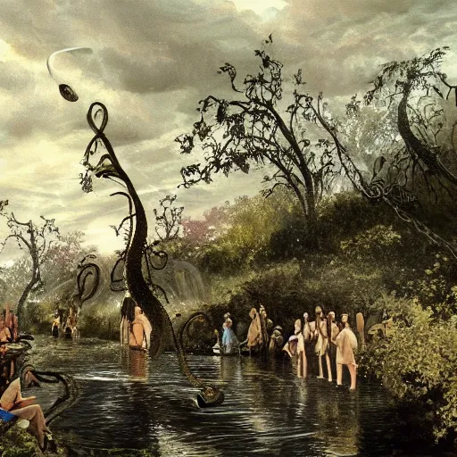 Image similar to a cinematic painting of alien tentacles emerging from the water of a river, hoards of people are gathering around the riverbed, wind blowing the leaves from the trees