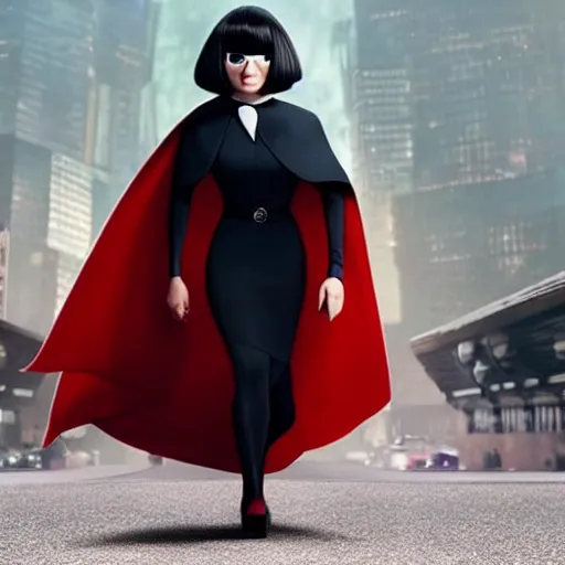 Prompt: a still of Edna Mode wearing a cape and looking unhappy about it, Pixar (2018)