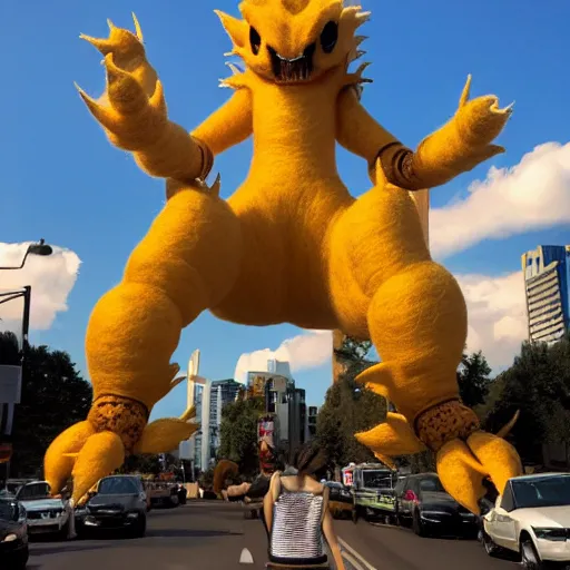 Image similar to photo of an enormous full sized needle - felted mecha king ghidorah crossing a busy street golden hour