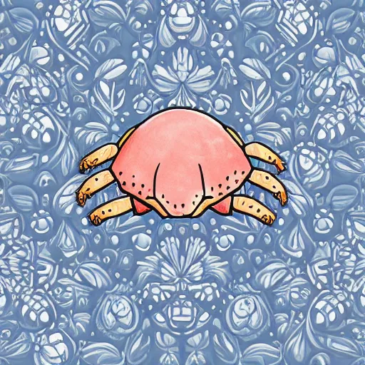 Prompt: illustration of one small small small standalone highly detailed minimalist hermitcrab! crab in an elaborate maximalist shell, with flemish baroque rococo unexpected elements. seen from the distance hd! matte paper background. modern matte childrenbook in soft natural pastel tones