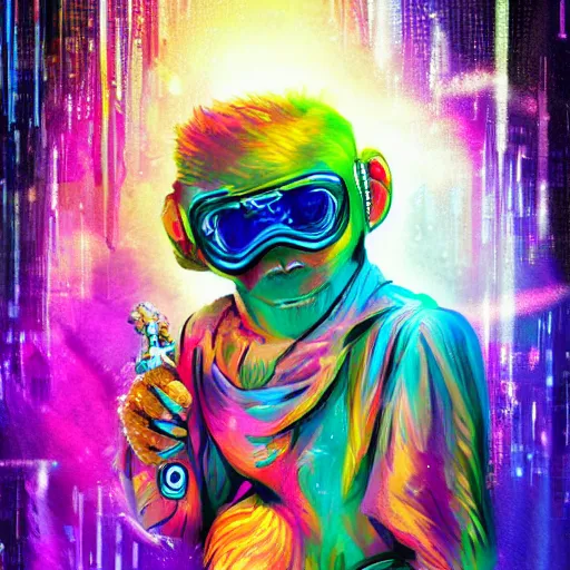 Prompt: cyberpunk excited young monkey underwater, sparkly, colorful, cyberpunk digital painting