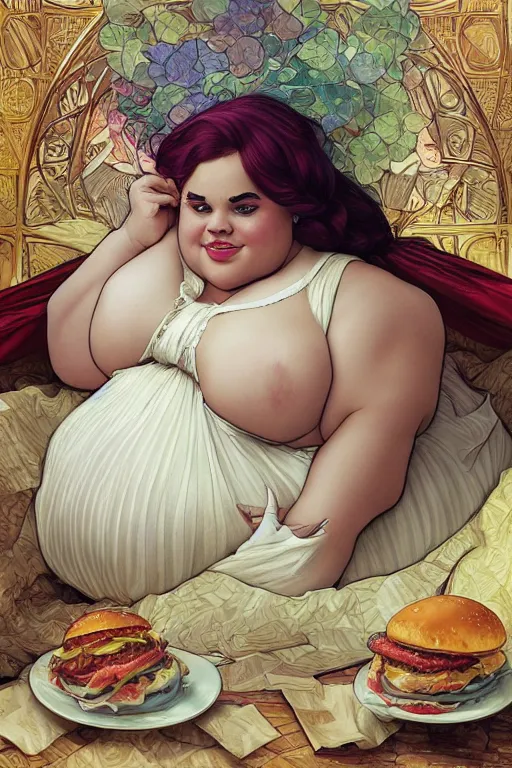 Prompt: obese cottagecore trisha paytas , food addiction and fat rolls, inside a mc donalds, intricate, elegant, highly detailed, digital painting, artstation, concept art, smooth, sharp, focus, illustration, art by artgerm and greg rutkowski and alphonse mucha