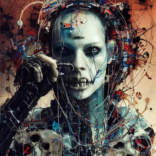 Prompt: in a dark room, a male cyberpunk hacker, skulls, wires cybernetic implants, machine noir steelpunk grimcore, in the style of adrian ghenie esao andrews jenny saville surrealism dark art by james jean takato yamamoto and by ashley wood