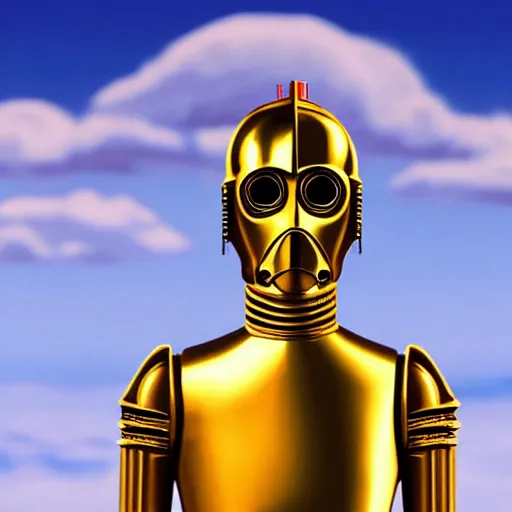 Image similar to full body portrait of Simpson as C3PO in star wars, background blue sky puffy clouds cinematic 4k