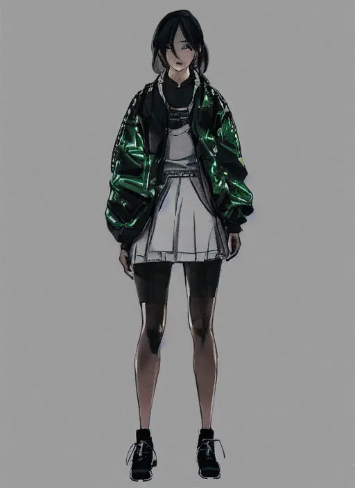Image similar to a yoji shinkawa full body sketch of a tennis player girl wearing a puffy japanese inspired anorak designed by balenciaga, and short holographic skirt and yeezy 5 0 0 sneakers